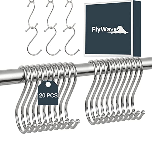 FlyWave Ganchos en S de acero inoxidable, 20 PZ, ganchos en forma de S para colgar ropa, toallas, plantas, ahorro de espacio, ganchos de acero inoxidable para baño, dormitorio, cocina, oficina Cover