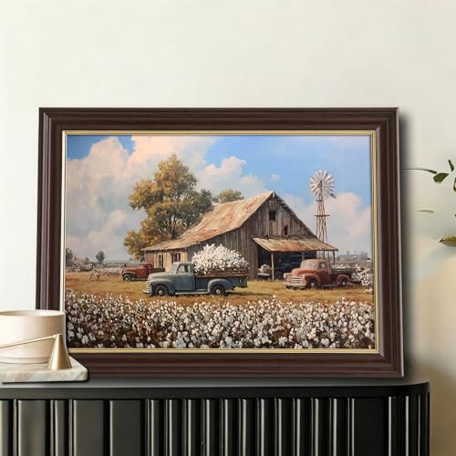 Image of Vintage Framed Cotton Field Canvas Wall Art, Old Farm Trucks with Windmill Canvas Prints Pictures, Southern Farmhouse Wall Decor for Living Room Bedroom Farmhouse