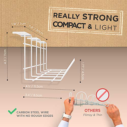 Under Desk Cable Management Tray – Super Compact Cable Organizer for Wire Management. Metal Wire Cable Tray for Office and Home (White – Set of 2X 12''). Great for Standing Desks
