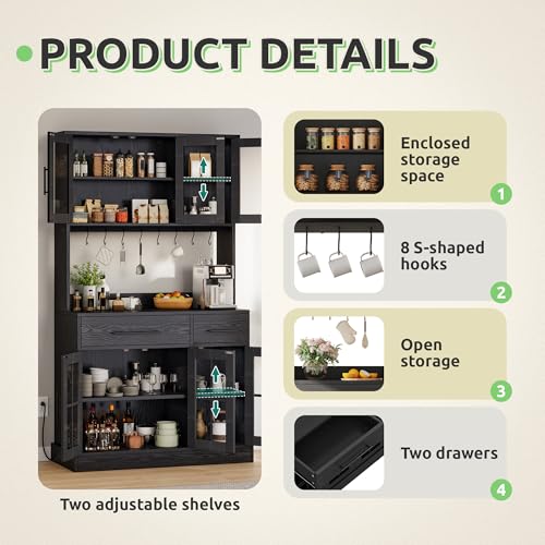 GOOBED 71" Pantry Cabinet with Power Outlet, Tall Kitchen Pantry Storage Cabinets with Microwave Stand, Farmhouse Kitchen Hutch with Drawers, Hook, Door and Shelves for Home Living Dining Room, Black