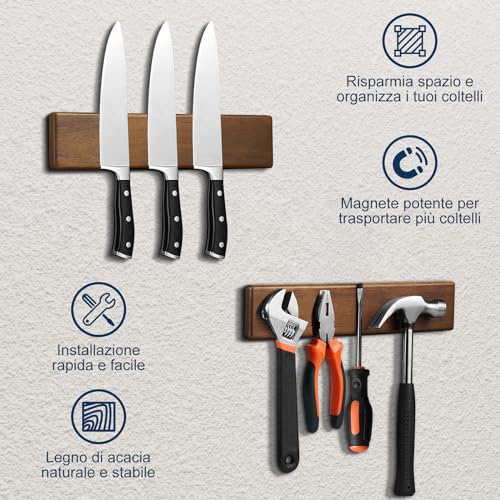 ENOKING Portacoltelli Magnetico 26 cm, Barra Magnetica per Coltelli Senza Forare, Porta Coltello Forte in Legno D'acacia con 2 Ganci - immagine 6