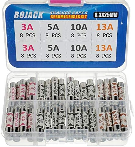 BOJACK 4 Values 64 pcs 3 5 10 13 A amp 240 V Volt Household Mains Plug Fuse 6.3x25 mm 0.25x1Inch BS1362 Ceramic Tube Cartridge Fuses Assortment Kit packag in a Clear Plastic Box