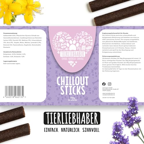 TIERLIEBHABER - Chillout Sticks 350 g (14 Sticks) Natürliche Unterstützung & Entspannung für Hunde – Sanfte Beruhigungshilfe bei Stress, Autofahrt & Silvester – Hundeleckerli & Anti-Stress Snacks