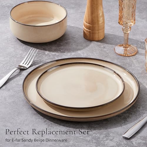 Image of E-far 10.5 inch Ceramic Dinner Plates Set of 6, Large Reactive Glaze Stoneware Dishes, Round Salad Plate for Home Kitchen Restaurant, Microwave & Dishwasher Safe - Sandy Beige
