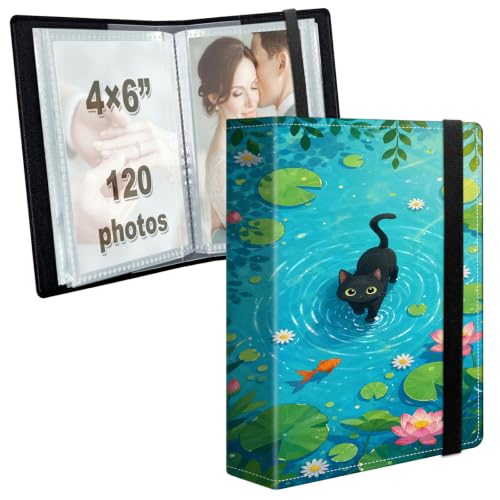 Image of Photo Album 4x6 120 Photos with Strong Elastic Band, Pond Cat Garden | Large Capacity Premium Leather Picture Album, Portable Wallet Albums Photo Book for Family Anniversaries Wedding Baby