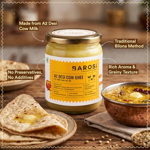 Image of BAROSI A2 Desi Cow Ghee 500ML | Traditional Bilona Method | Curd Churned Danedar Ghee | Lab Tested | Grass-Fed Desi Cow | Pure, Natural, Aromatic | Shudh Cow Ghee | Glass Jar (500ml) (Pack of 3)