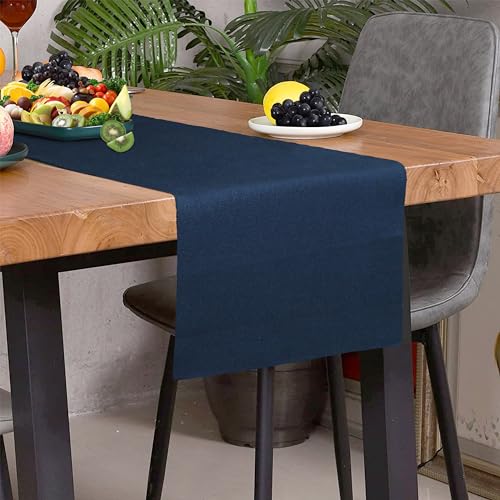 Image of HOME COLORS.IN Solid Color Texture Ribbed Cotton Runner for Dining, Teapoy, TV, Coffee, Center Table - Modern Room Decor - 14 x 52 Inch - Navy Blue