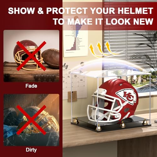 Image of Football Helmet Display Case Full Size, Clear Acrylic Helmet Display Box Dustproof Helmet Case Display Case with Metal Bell Base for Sports Memorabilia (15 x 11.8 x 12.6 in)