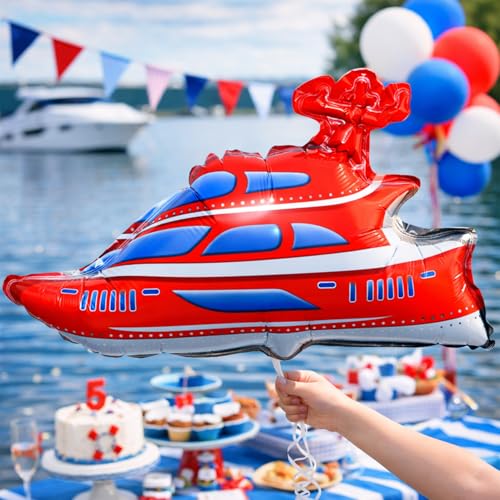 Image of Rozi Decoration Yacht Shape Foil Balloon for Birthday Parties Decoration, Boat Theme Balloon for Kids Celebration, Nautical Party Decor and Event Setup (Red and Blue Design) Pack of 1 Pcs