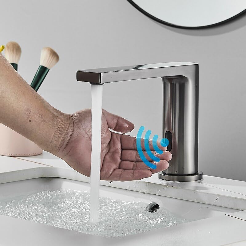 Grifo de lavabo de baño gris de lujo con sensor automático y mezclador de agua premium 6