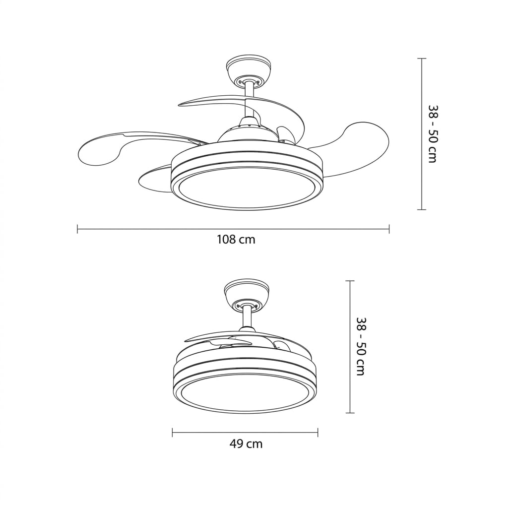 Bilake Ventilador de Techo con Aspas Retráctiles y Luz LED. Motor DC Ultra Silencioso, Bluetooth (App) y Mando, Función Invierno/Verano, Memoria y Altura Regulable (Blanco.108cm | 50W | 6200lm)
