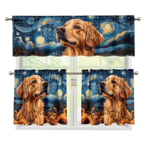 PJHEQOXE Starry Night Oil Paint Kitchen Window Curtains Valance & Tier Set, Modern Rod Pocket Bathroom Curtains Window Set, Small Cafe Drapes for Kitchen Cabinet, RV and Camper Decor,Golden Retriever