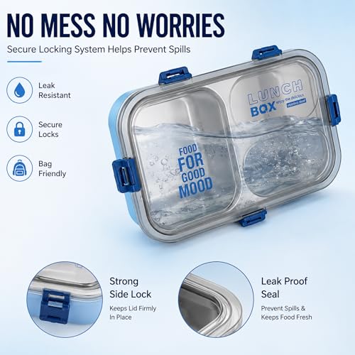 Image of Stainless Steel Lunch Box with 3 Compartments Leak Proof Airtight Lid BPA Free Food Storage Container Durable Portable Bento Tiffin for Kids, School Picnic (2 Compartment Blue)