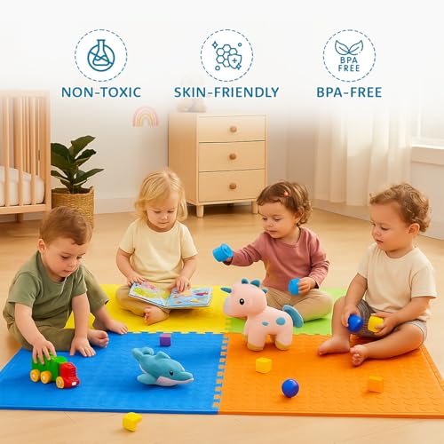 Image of Amazon Brand - Supples Interlocking Eva Foam Mat | Pack of 6 | 1.2 cm Thick | 60 x 60 cm | Activity Mat for Kids 6+ Months | for Home, School & Playground | Durable &Easy Storage | Multicolor