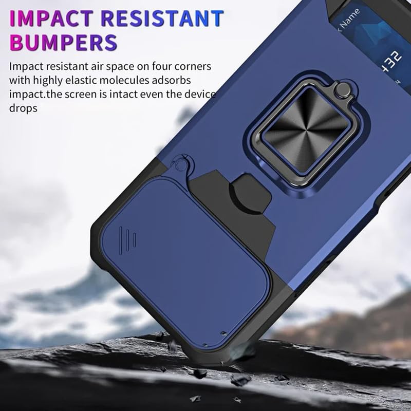 Image of LuxuryKase Shockproof Armor Case for iPhone 17 Pro | Slide Camera Cover | Hidden Card Slot | Rotating Ring Kickstand | Magnetic Car Mount Support | Military Grade Protection - Blue