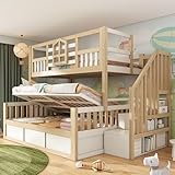 FammyLoft Hochbett Kinder mit Hydraulischem Unterbett, 90 * 200+140 * 200 cm Stauraumbett mit LED und Stauraumtreppe, Etagenbett mit Fenster-Form, Stockbett, Jugendbett, Ohne Matratze, EN747, Eiche