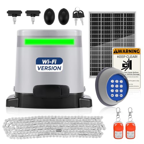 1300lbs Solar Sliding Gate Opener Chain Drive with Built-in Backup Battery WiFi Remote Control IR Sensor Keypad Automatic Gate Motor Off-Grid Operation with Solar Panel