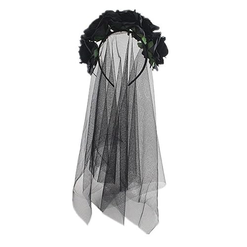 Bandeau De Jour des morts pour Femme Serre-tête De D'halloween avec Des Roses et Voile Noire Gothique Couronne de Fleurs Bandeau Cheveux pou Costume Cosplay Soirée Carnaval - Noir