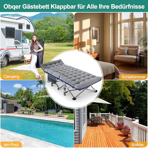 Obqer Klappbares Campingbett mit Matratze und Seitentaschen, 200KG Belastbarkeit Klappbett Gästebett, Stahlrahmen und Oxford Tuch Feldbett Klappbar, 190 x 71 x 36 cm, Geeignet für Garten Büro Camping