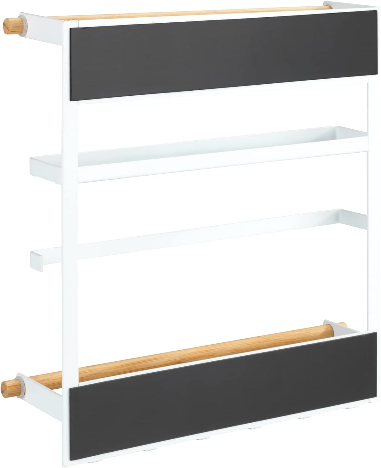 WENKO Magna Kitchen Shelf with Kitchen Roll Holder, Mounting Without Drilling with Magnet, Open Shelf Made of White Painted and Bamboo, 33 x 34 x 8 cm, White/Brown