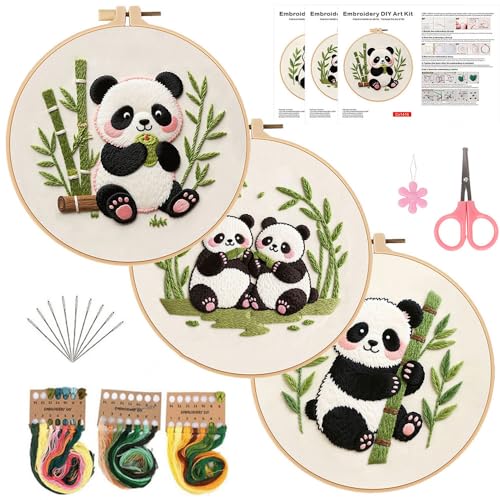 Image of Konrisa Panda Embroidery Starter Kit for Beginners, Cross Stitch Kit with 3pcs Embroidery Pattern, DIY Sewing Project Adult Needlepoint Kit with Hoop, Set of 3