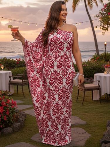 Image of KOH KOH Womens Long One Shoulder Hawaiian Flower Print Cocktail Maxi Dress