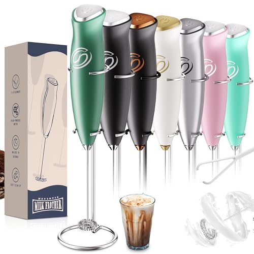 Image of Milk Frother With Stand Milk Frother Wand Coffee Frother Handheld Drink Mixer Handheld with 2 Whisks Electric Whisk Stirrers Electric Milk Frother for Coffee Mixer Wand-Green