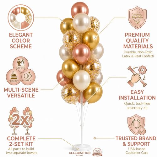 Image of Balloon Column Kit Set of 2 With Balloons Included - with Base, and Pole,Balloon Tower Backdrop Decoration for Wedding, Baby Shower, Birthday Party, or Bachelorette Parties (Rose Champagne Gold)