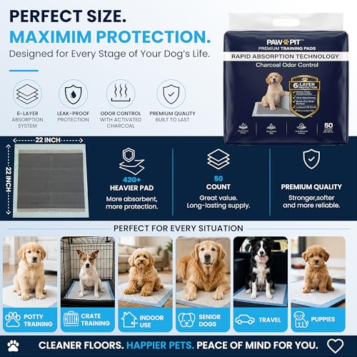 Image of PawPit Puppy Training Pads for Dogs, 6-Layer Rapid Absorption with Activated Charcoal Odor Control, Leak-Resistant PE Backing, Quick-Dry Mesh Surface, 22 x 22 Inch, 50 Count