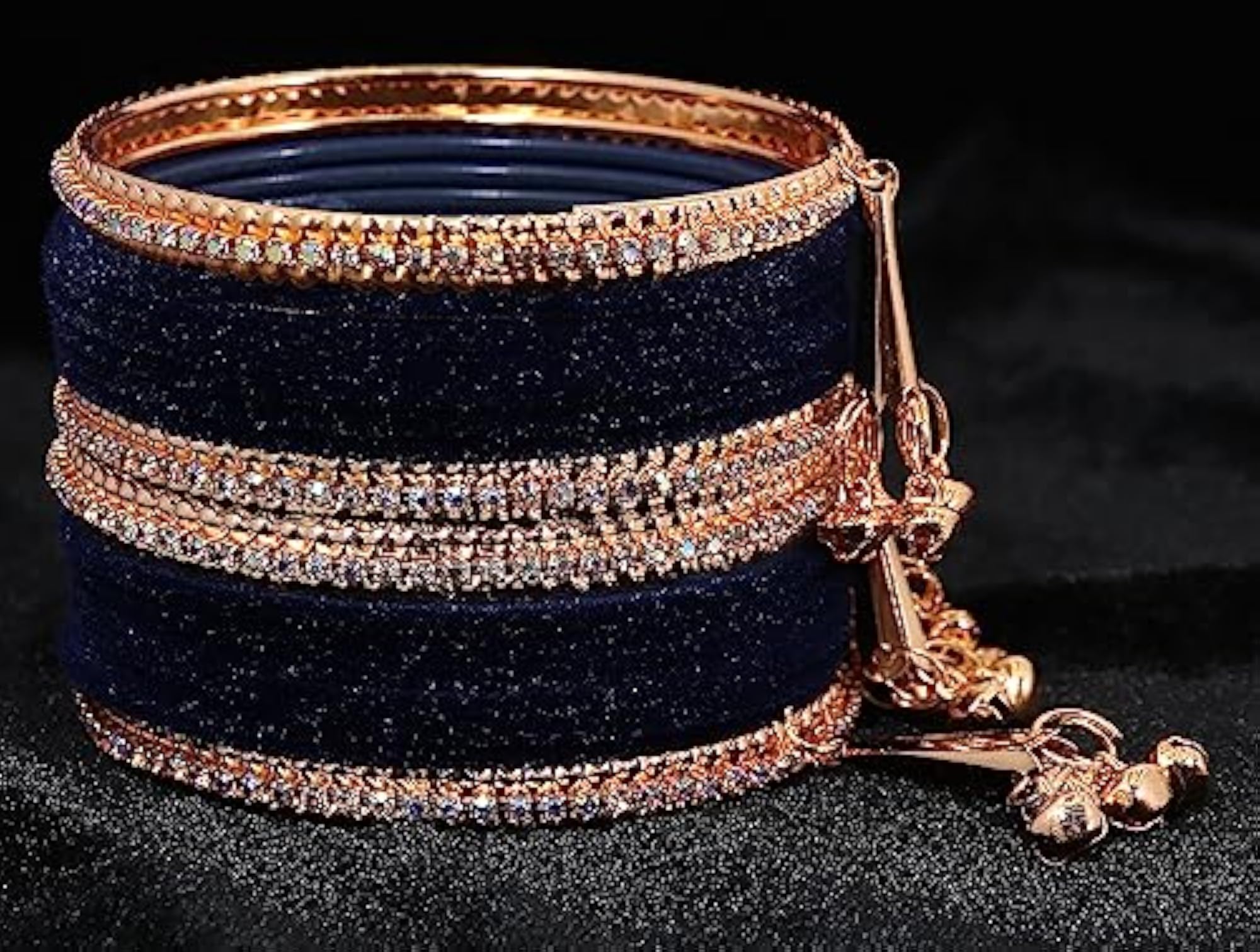 Zircon Gemstone Metal Bangle Set with Velvet Studded Bells
