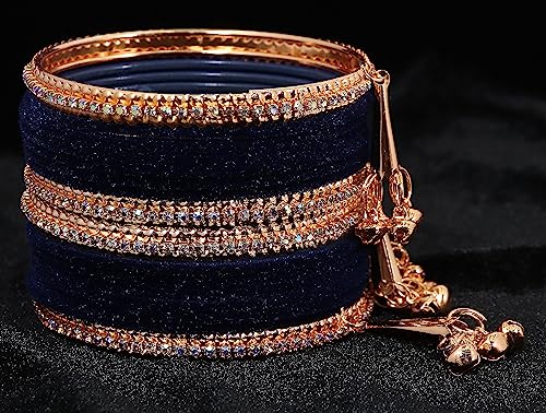 Image of NMII Metal with Zircon Gemstone and Velvet Studded Bells Latkan Bangles Set For Girls and Women I Latkan Bangles, Premium Bangle Bracelet Set I Pack of 16 Bangles