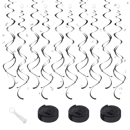 Image of Black Hanging Swirls Party Decorations 30 Pack- Extra Long Double Swirl Ceiling Decorations for Halloween, Baby Shower, Christmas, Wedding, Birthday Decorations| Reusable Black Streamers with Hooks