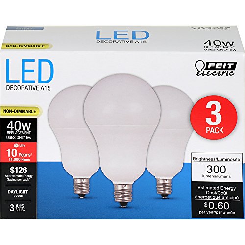 Feit Electric A1540C/850/10KLED/3 A1540C/850/10Kled Non-Dimmable Led Lamp, 40 W, 120 Vac, 300 Lumens, 5000 K, CRI >80, 1-3/4 in Dia, White