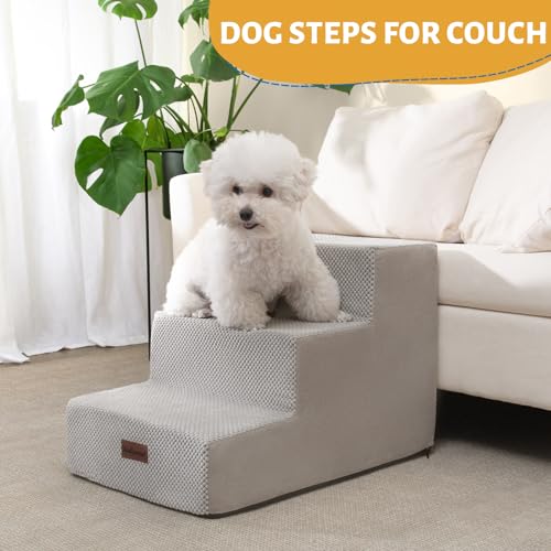 Image of Aodisman Dog Stairs for Small Dogs & Cats, 3-Step Extra Wide Non-Slip Pet Steps for Couch Sofa and Chair, Light Grey, 15.7 inch H