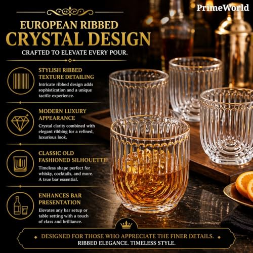 Image of PrimeWorld European Ribbed Whiskey Glasses Set of 6 pcs- 350 ml Bar Glass for Drinking Bourbon, Whisky, Scotch, Cocktails, Cognac- Old Fashioned Cocktail Tumblers