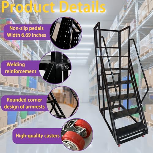 Image of Rolling Ladder with Wheels, Mobile Rolling Stairs with Handrail for Industrial Warehouse, Rolling Steps Ladder with Fence, for High Shelf Aisles, Warehouses, Supermarkets, Libraries (Red, 6 Steps)