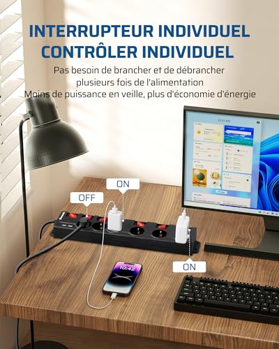 Multiprise avec 6 prises DEWENWILS, 2 USB et interrupteurs individuels de 2m