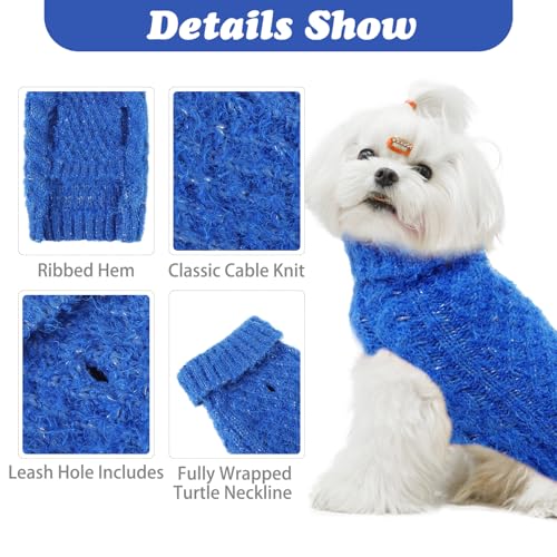 Image of Turtleneck Small Dog Sweaters - Classic Cable Knitwear Winter Coat for Small Medium Dogs Male Female Puppy Dog Cold Weather Clothes Girls Boys, Blue, S