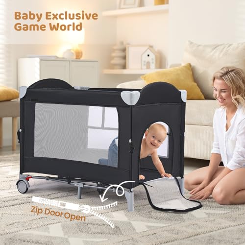 Image of JOYMOR 5-in-1 Pack and Play with Bassinet and Changing Table, Lightweight Travel Crib, Foldable Baby Playard, Waterproof Changing Top, Carry Bag & Wheels