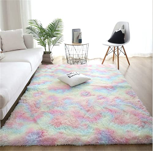 linyingdian Tapis Moelleux au Sol Fausse Fourrure Moelleux Tapis Gradient Décoratif Tapis De Sol pour Chambre Salon Salle À Manger (Couleurs Arc-en-Ciel, 80x160cm)
