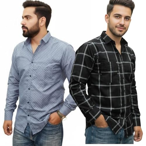 Image of Pack of 2 Men's Cotton Fabric Button Down Full Sleeve Collar Neck Regular Fit Check & Dotted Printed Combo Shirt