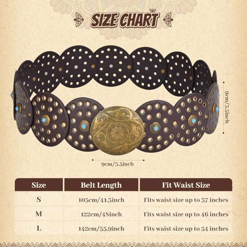 Western Leather Belts for Woman Boho Cowgirl Wide Disc Belt for Women Concho Cowboy Waist Belts for Dress (Coffee-bronze Buckle, 56'' (fits waist size up to 53''))3