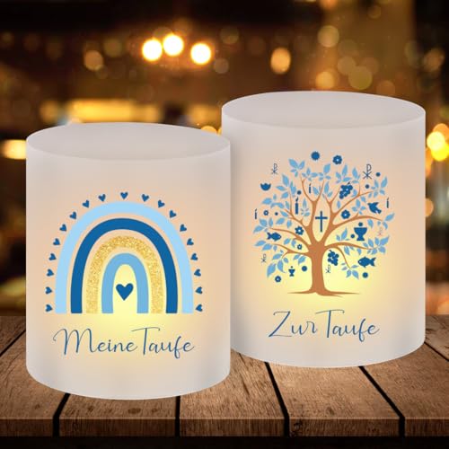 Windlicht Tischdeko Taufe,12 Stück Blau Kommunion Tischlichter,Lichthülle Taufe Konfirmation,Regenbogen Teelicht,Erstkommunion Teelicht Kerzen Dekoration für Mädchen und Junge