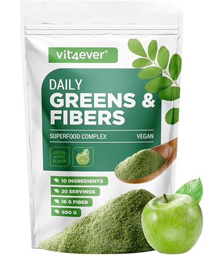 Daily Greens & Fiber Pulver - Kombination aus Ballaststoffe & Superfoods - Flohsamen, Spirulina, Moringa, Gerstengras, Inulin, Apfelfaser, Kurkuma Extrakt, Akzienfaser, Lecithin (600g, Green Apple) Daily Greens & Fiber Pulver - Kombination aus Ballaststoffe & Superfoods - Flohsamen, Spirulina, Moringa, Gerstengras, Inulin, Apfelfaser, Kurkuma Extrakt, Akzienfaser, Lecithin (600g, Green Apple)