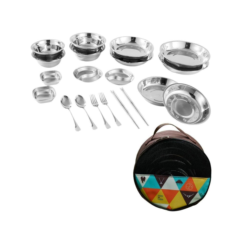 Utensilios de camping resistentes que incluyen platos, tazones y bolsa de almacenamiento, fáciles de transportar para acampar con familiares y, 20 piezas