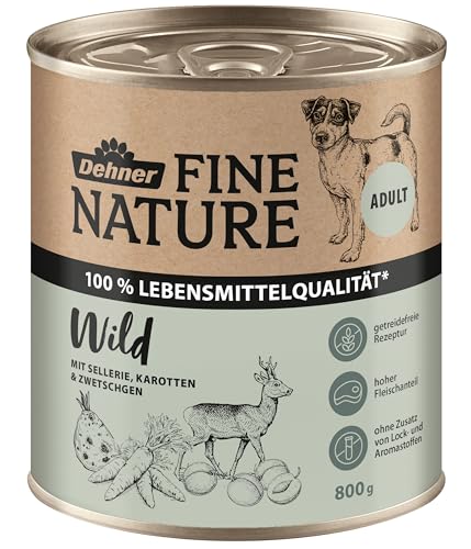 Dehner Fine Nature Hundefutter, Nassfutter in Lebensmittelqualität, für ausgewachsene Hunde, Wild, 6 x 800 g Dose (4.8 kg)