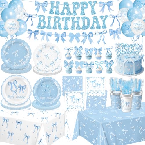 Blue Bow Birthday Decorations Set Includes Plates Napkins Cups Cutlery Banner Hanging Swirls Cake & Cupcake Toppers Honeycomb Centerpieces Balloons Tablecloths for Coquette Party Decorations