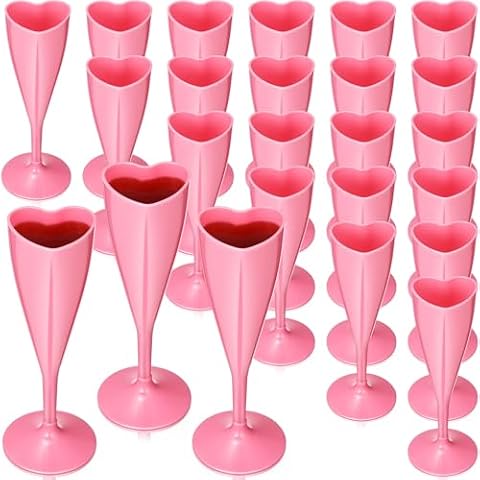 FillTouch 24 Pcs Heart Shaped Champagne Flutes Valentines Plastic Goblet Champagne Cups 4.4oz Disposable Champagne Glasses for Bachelorette Wedding Bridal Shower Party Valentines Day (Pink) Cover
