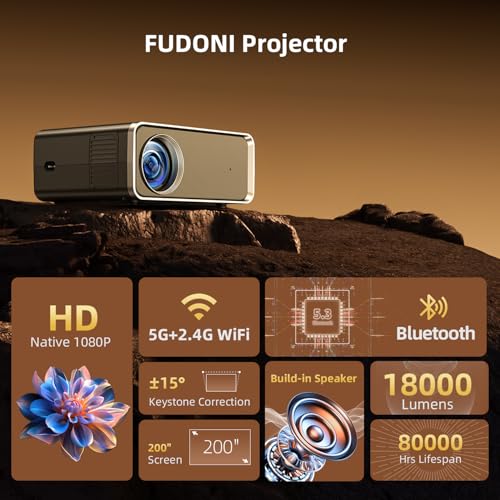 Image of FUDONI Projector with WiFi and Bluetooth 4K Supported, Upgraded 18000L Outdoor Movie Projectors Native 1080P FHD, Video Projector for Home Theater, Compatible w /HDMI /USB /iOS /Android /Windows /TV Stick