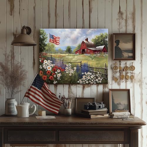 Image of Memorial Day Barn Canvas Wall Art, Rustic American Flag and Wildflower Farmhouse Print, Patriotic Country Barn Poster Framed Artwork for USA 4th of July and Living Room, Office Decor 24x30inch